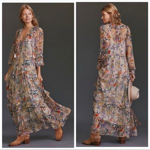 Anthropologie The Marais Printed Chiffon Owl Maxi Dress Size Large